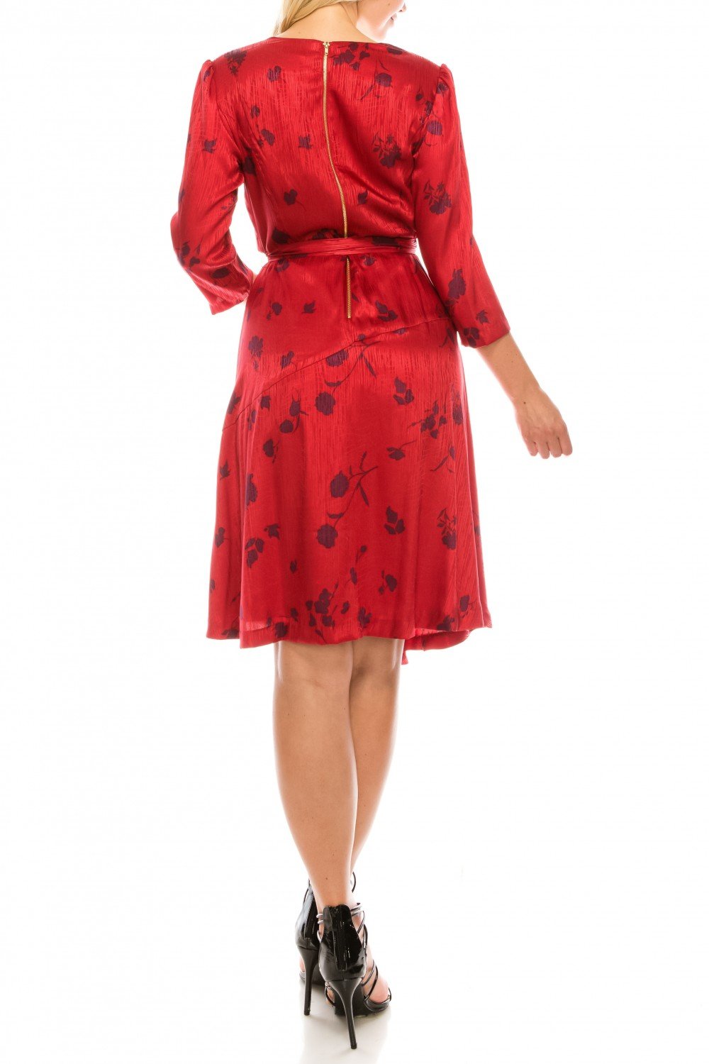 London Times - T4791M Three Quarter Sleeve Twill Faux Wrap Dress In Red and Floral