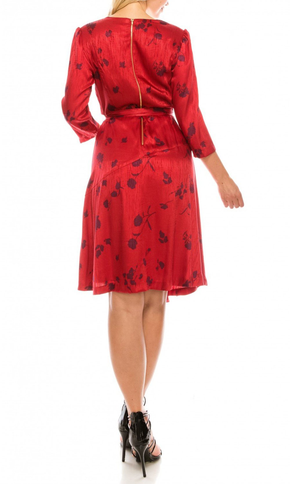 Maison Tara - 91143M Three Quarter Sleeve Twill Faux Wrap Dress In Red and Floral