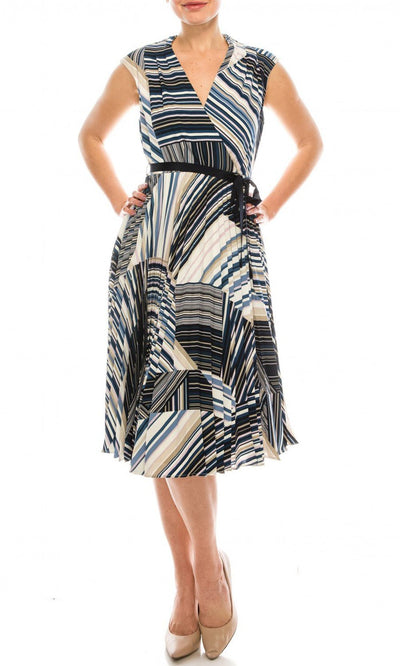 Maison Tara - 91207M Knee Length Cap Sleeve Stripe A-Line Dress In Multi-Color and Print