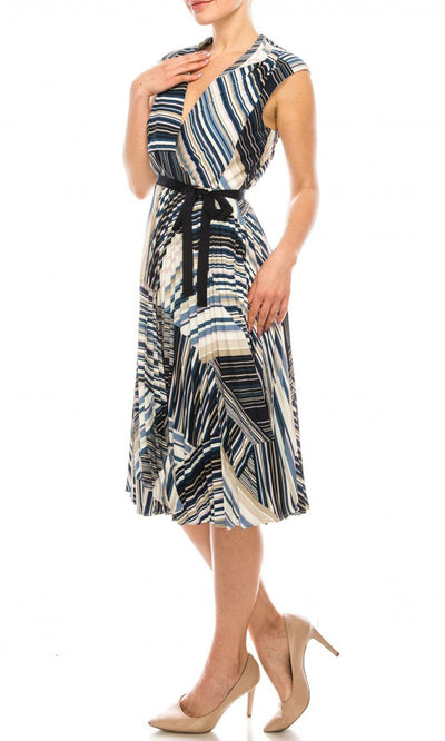 Maison Tara - 91207M Knee Length Cap Sleeve Stripe A-Line Dress In Multi-Color and Print