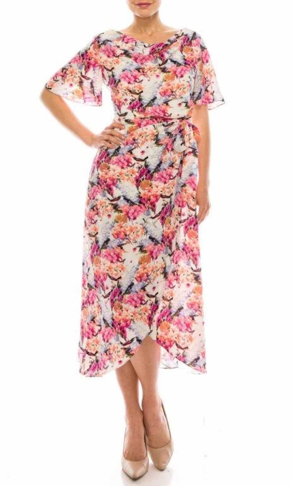 Maison Tara - 91283M Tea Length Flutter Sleeve Floral Dress In Pink and Floral