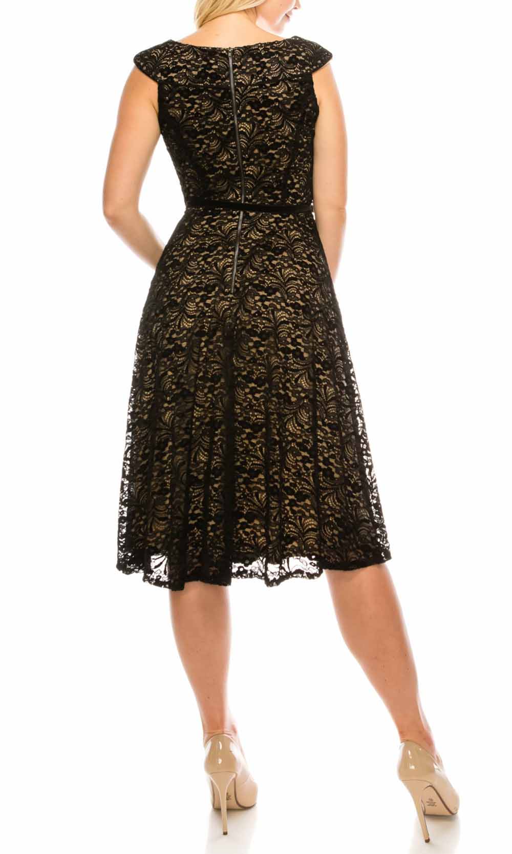 Maison Tara - 95183M Cap Sleeve Velveted Lace A-Line Dress In Black and Neutral