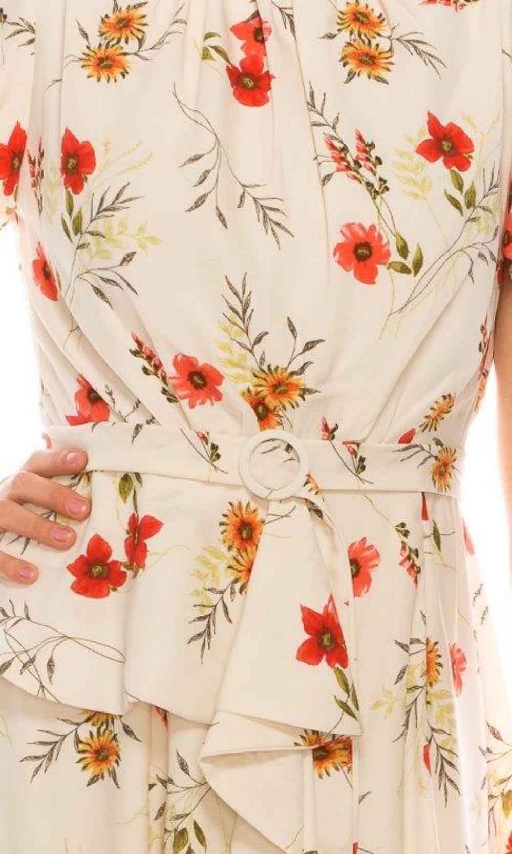 Maison Tara - 95237M Tea Length Short Sleeve Floral Print A-Line Dress In Floral and Print