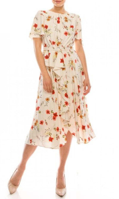 Maison Tara - 95237M Tea Length Short Sleeve Floral Print A-Line Dress In Floral and Print
