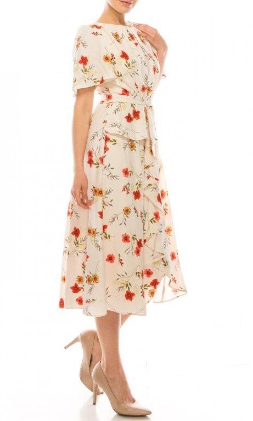 Maison Tara - 95237M Tea Length Short Sleeve Floral Print A-Line Dress In Floral and Print