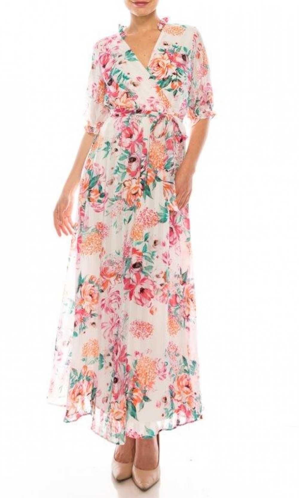 Maison Tara - 95289M Ruffle Detailed Floral Chiffon Maxi Dress In Floral and Print