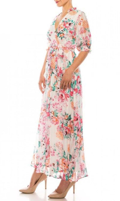 Maison Tara - 95289M Ruffle Detailed Floral Chiffon Maxi Dress In Floral and Print