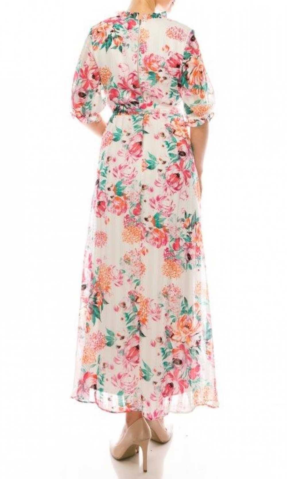 Maison Tara - 95289M Ruffle Detailed Floral Chiffon Maxi Dress In Floral and Print