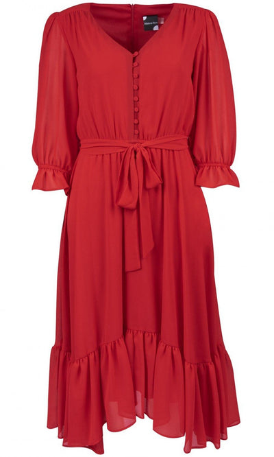 Maison Tara - 91084M V Neck Button Front Ruffle Trim A-Line Dress In Red