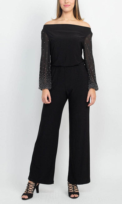 Marina 267261 - Off Shoulder Embellished Long Sleeve Jumpsuit Special Occasion Dress 4 / Black