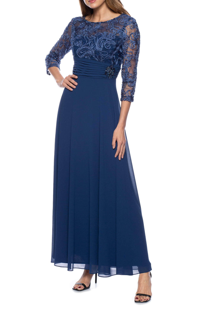 Marina 268401 - Long Chiffon A-Line Dress - Quarter Sleeve, Embellished Bodice, Back Zipper Closure, Pleated Waist, Lined ADASA Marina 268401 - Long Chiffon A-Line Dress - Quarter Sleeve, Embellished Bodice, Back Zipper Closure, Pleated Waist, Lined ADASA