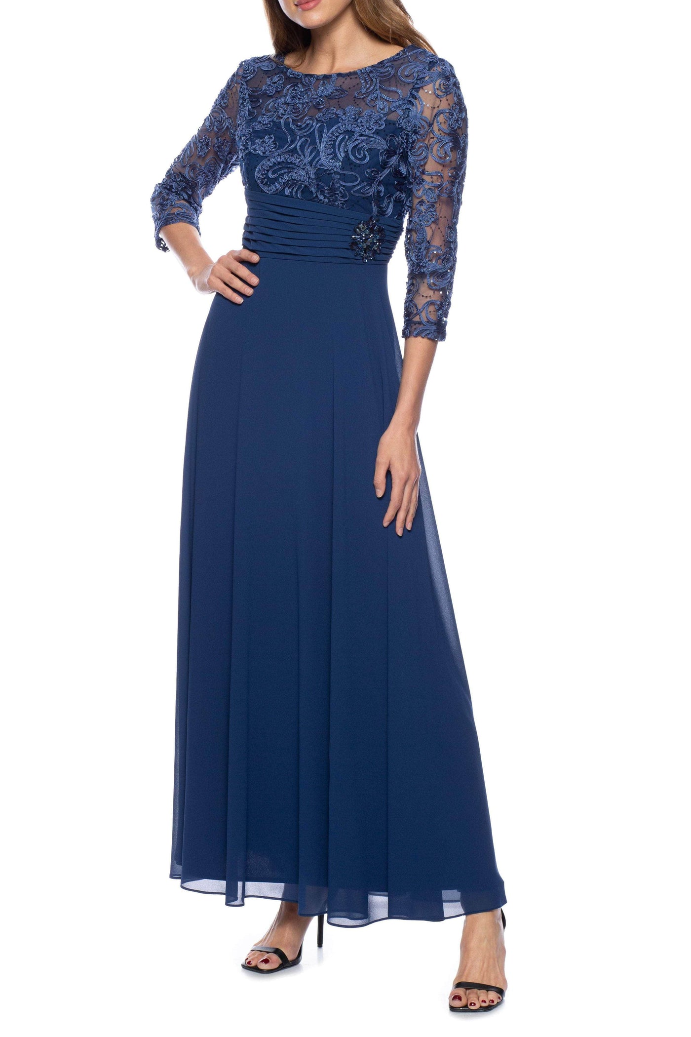 Marina 268401 - Long Chiffon A-Line Dress - Quarter Sleeve, Embellished Bodice, Back Zipper Closure, Pleated Waist, Lined ADASA Marina 268401 - Long Chiffon A-Line Dress - Quarter Sleeve, Embellished Bodice, Back Zipper Closure, Pleated Waist, Lined ADASA