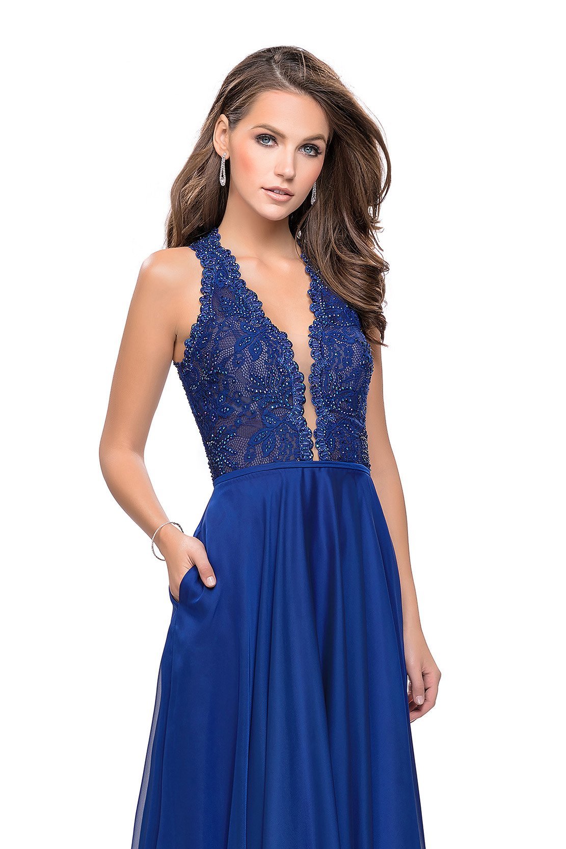La Femme - Scalloped Plunging Lace Chiffon Dress 25487SC In Blue