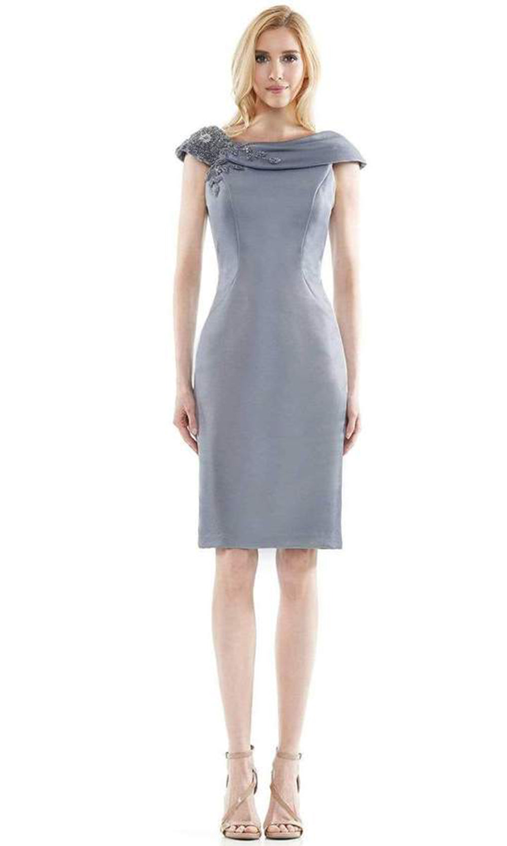 Marsoni by Colors - Beaded Adorned Neckline Sheath Satin Dress In Gray