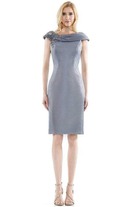 Marsoni by Colors - Beaded Adorned Neckline Sheath Satin Dress In Gray