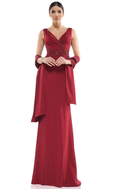 Marsoni by Colors - Plunging V-Neck Pleated Long Gown MV1054SC In Red