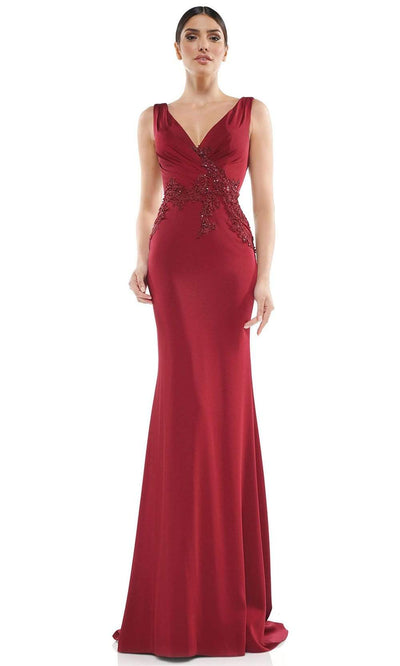 Marsoni by Colors - Plunging V-Neck Pleated Long Gown MV1054SC In Red