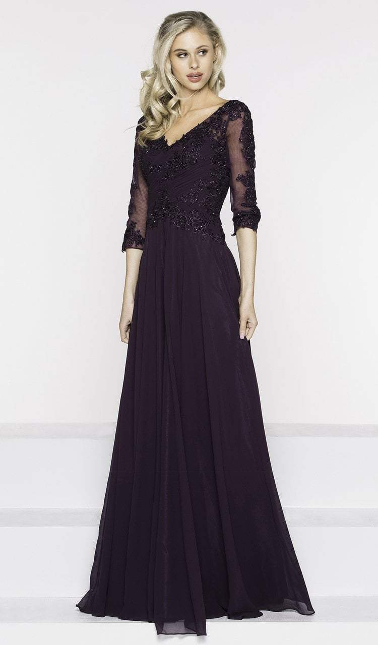 Marsoni by Colors Beaded V-Neck  Lace Applique Evening Dress M237 - 1 pc Eggplant In Size 12 Available CCSALE 18 / Navy