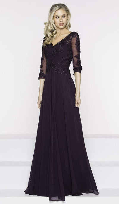 Marsoni by Colors Beaded V-Neck  Lace Applique Evening Dress M237 - 1 pc Eggplant In Size 12 Available CCSALE 18 / Navy