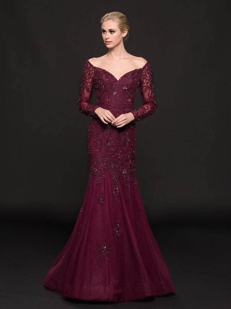 Marsoni by Colors - Embellished Long Sleeve Trumpet Dress M211 CCSALE 14 / Wine