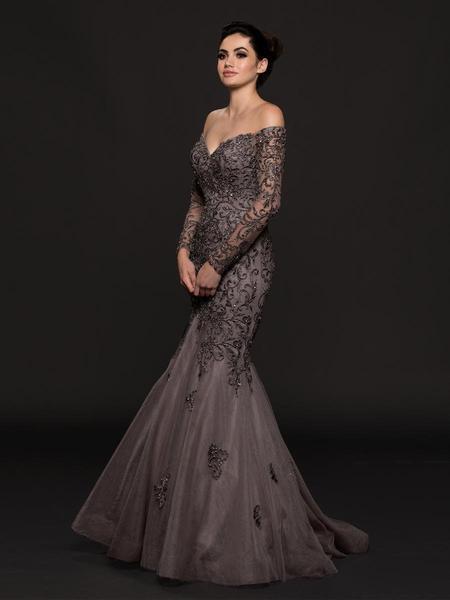 Marsoni by Colors - Embellished Long Sleeve Trumpet Dress M211 CCSALE 6 / Quartz