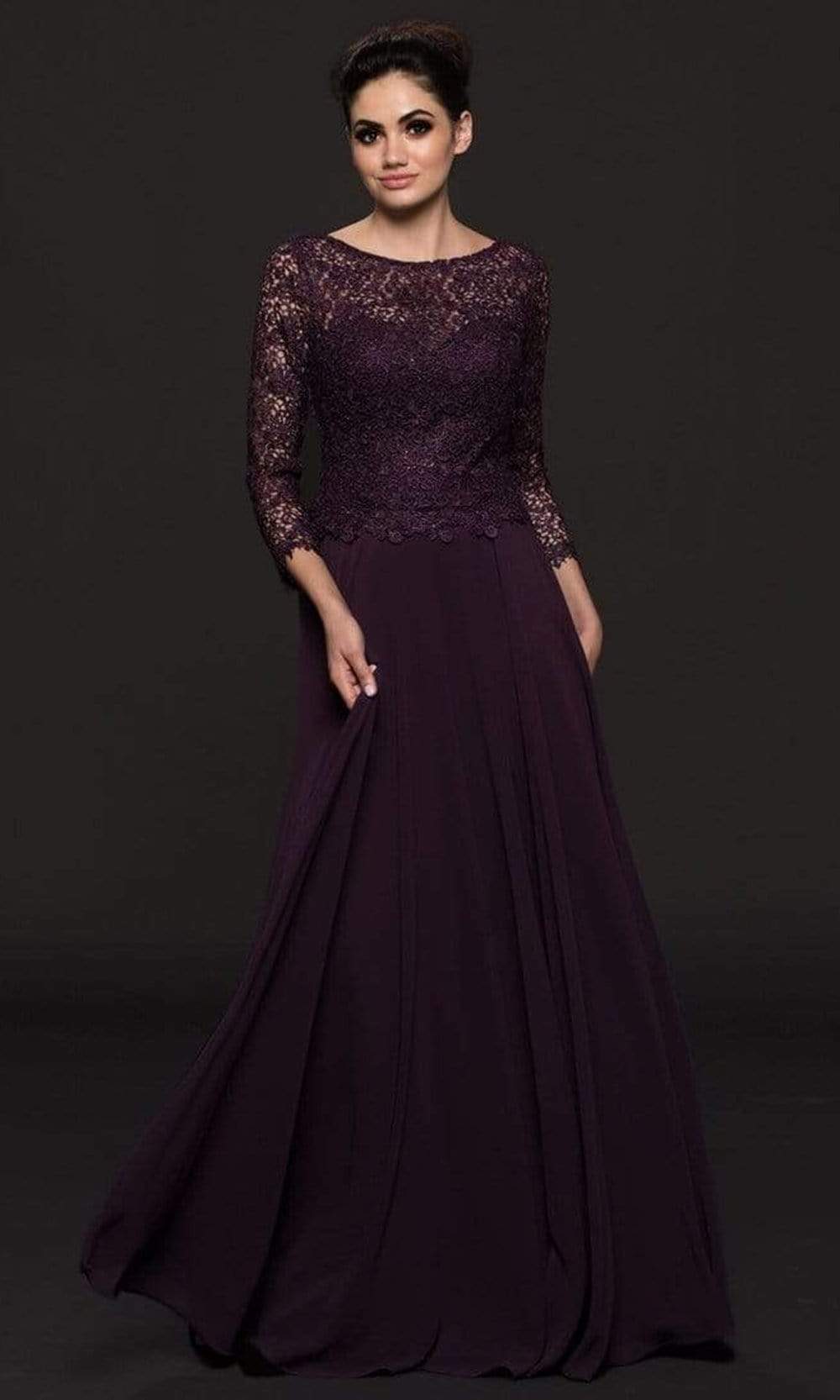 Marsoni by Colors - Embroidered Quarter Length Sleeves Dress M223 - 1 pc Eggplant in Size 14 Available CCSALE 22 / Eggplant