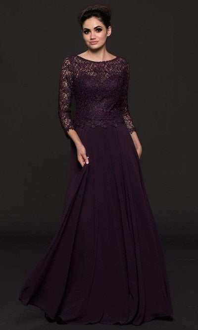 Marsoni by Colors - Embroidered Quarter Length Sleeves Dress M223 - 1 pc Eggplant in Size 14 Available CCSALE 22 / Eggplant