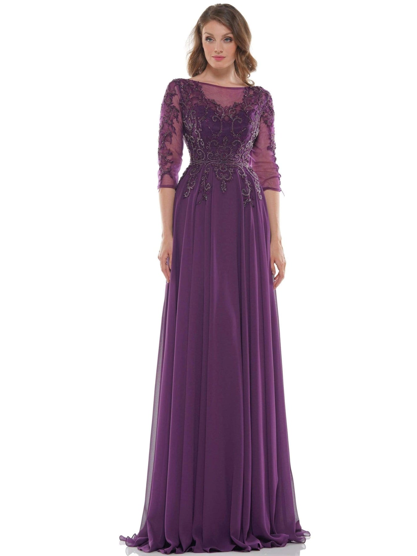 Marsoni by Colors - Illusion Bateau Adorned Quarter Sleeve Dress M214 - 1 pc Eggplant in Size 14, 1 pc Navy in Size 14  Available CCSALE 16 / Eggplant