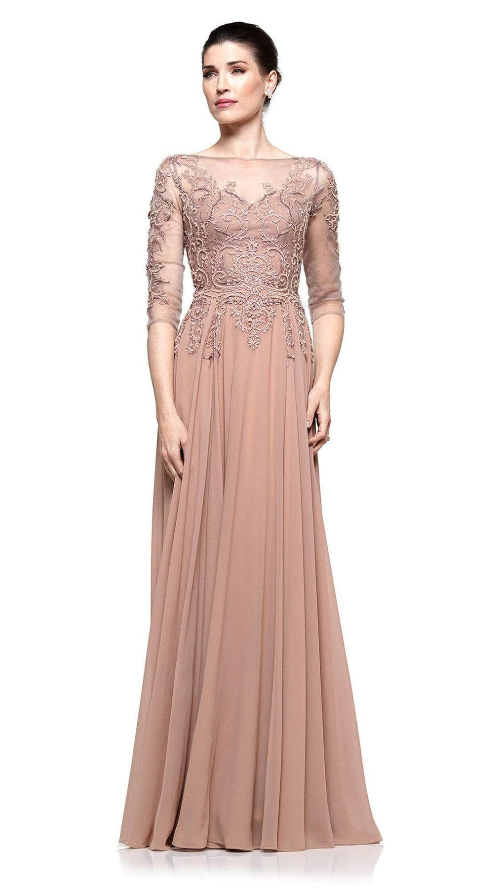Marsoni by Colors - Illusion Bateau Adorned Quarter Sleeve Dress M214 - 1 pc Latte in Size 16 Available CCSALE 16 / Latte