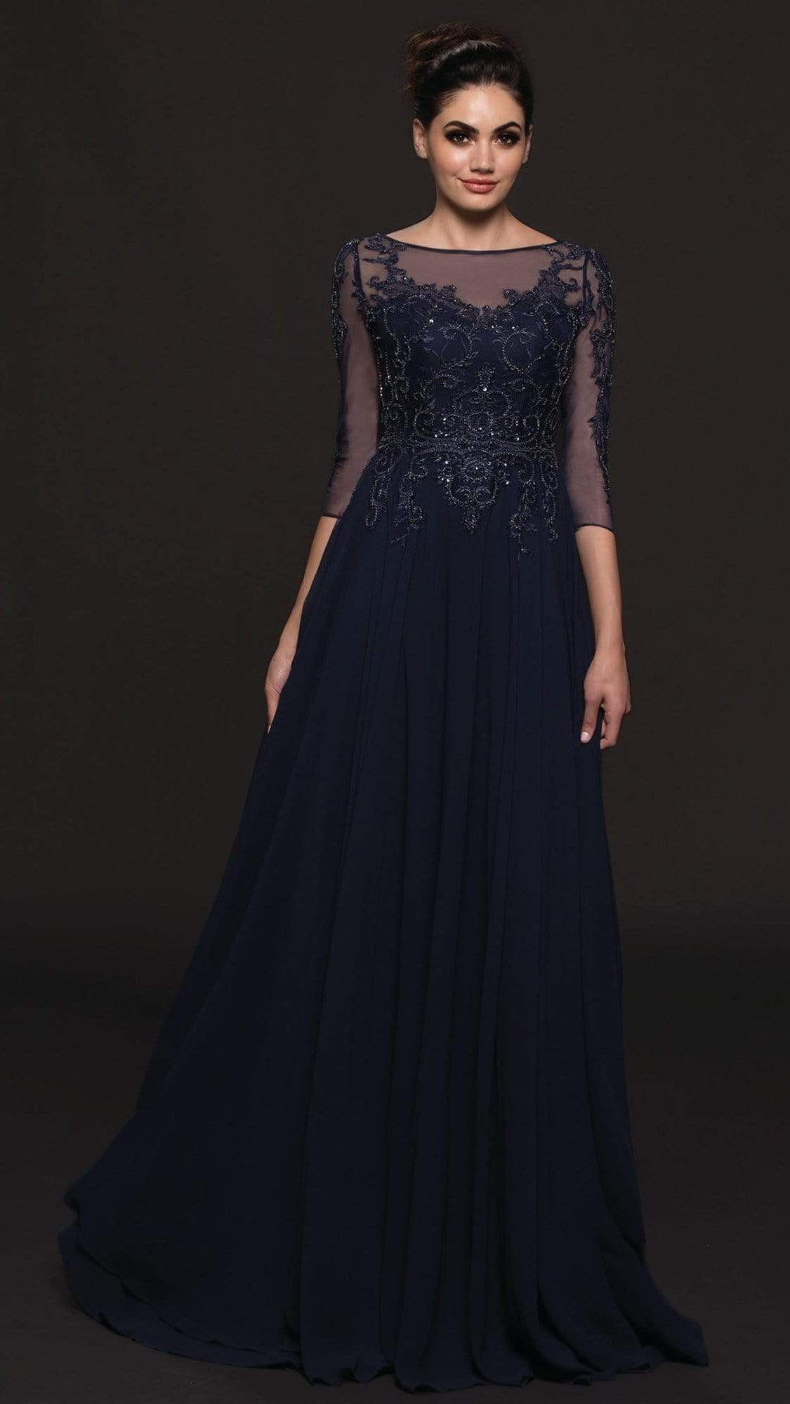 Marsoni by Colors - Illusion Bateau Adorned Quarter Sleeve Dress M214 - 1 pc Latte in Size 16 Available CCSALE 18 / Navy