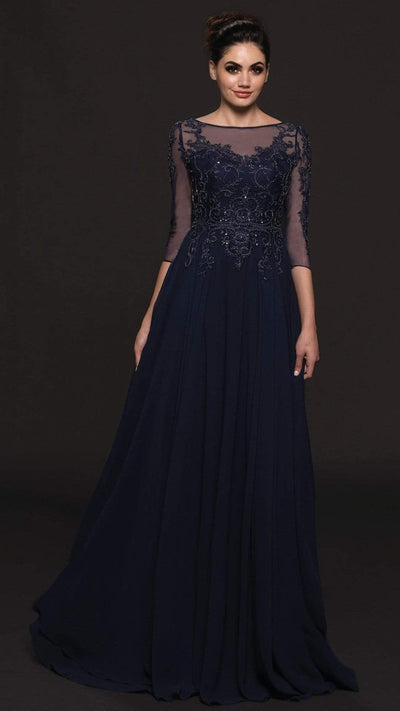 Marsoni by Colors - Illusion Bateau Adorned Quarter Sleeve Dress M214 - 1 pc Latte in Size 16 Available CCSALE 18 / Navy
