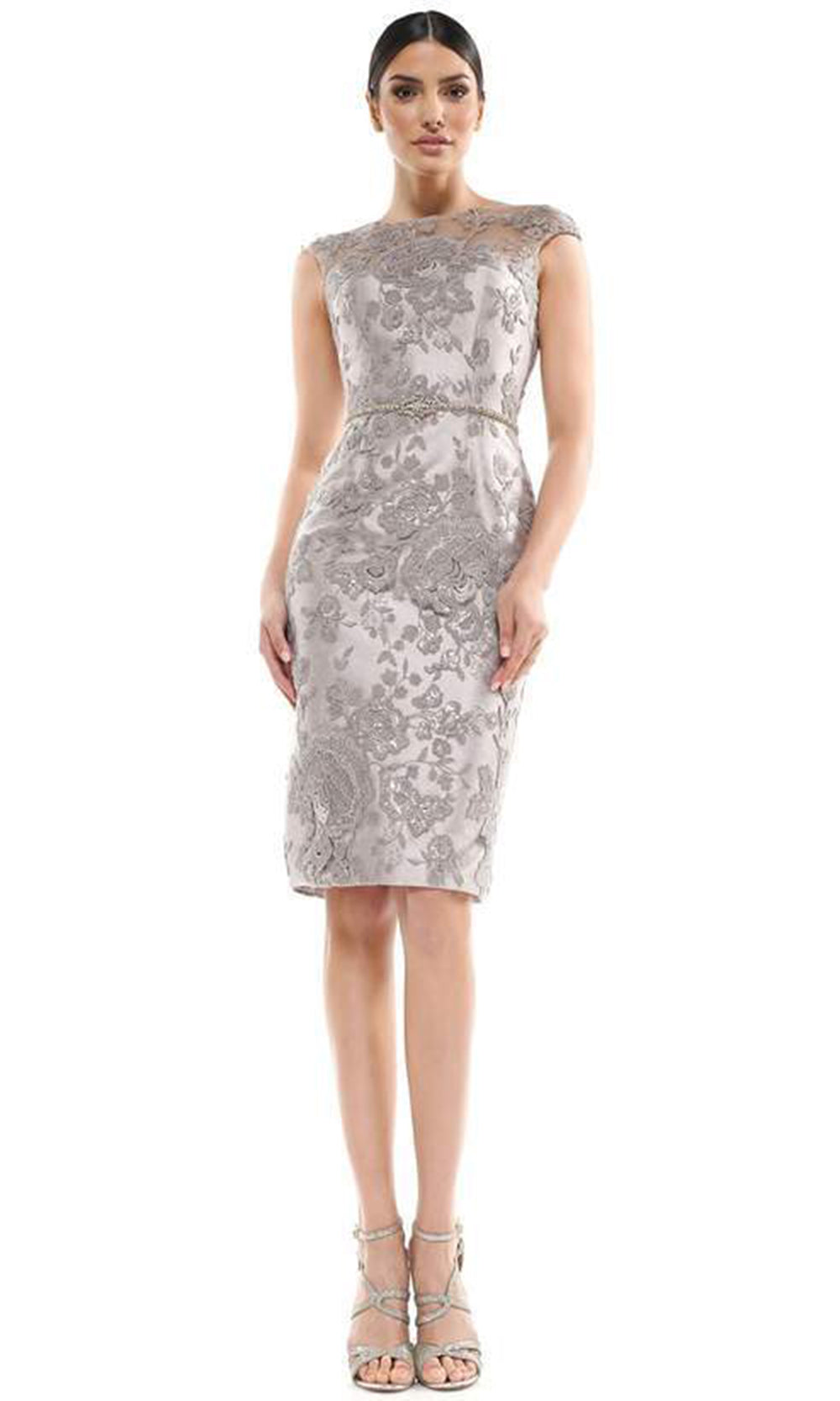 Marsoni by Colors - Lace Bateau Knee Length Fitted Dress  In Silver