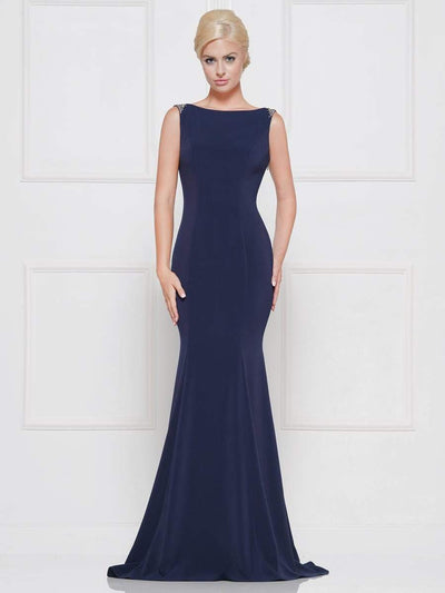 Marsoni by Colors - M140 Jeweled Bateau Trumpet Dress Special Occasion Dress 0 / Navy