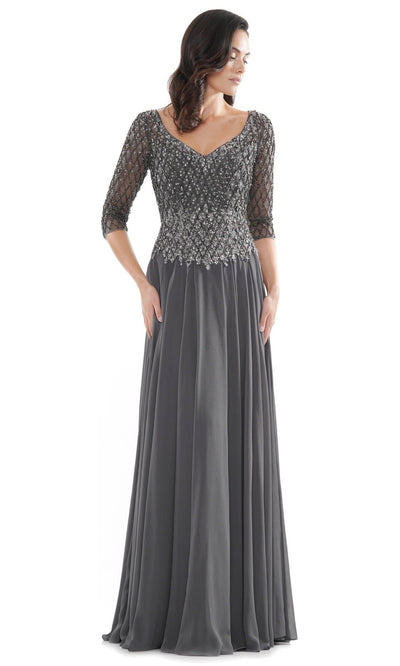 Marsoni by Colors - M165 Illusion Lattice Motif A-Line Gown Special Occasion Dress 6 / Charcoal Grey