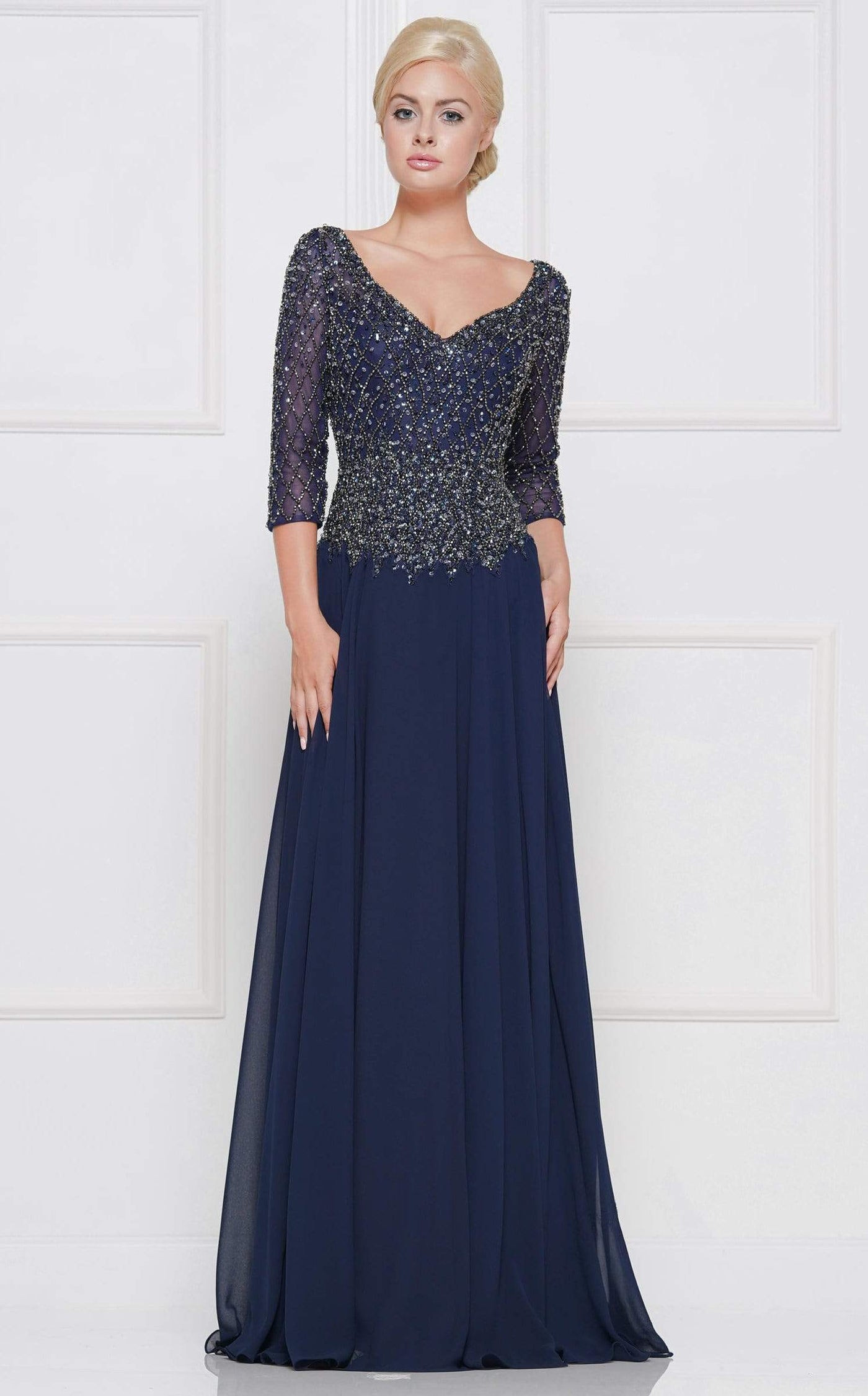 Marsoni by Colors - M157SC Beaded Lace Appliqued Illusion A-Line Dress