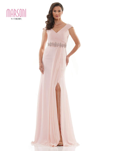 Marsoni by Colors - M169 Ruched Wrap Cap Sleeve Gown Special Occasion Dress 6 / Blush