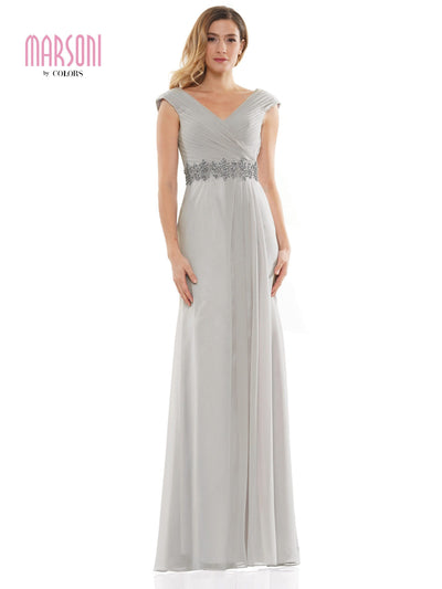 Marsoni by Colors - M169 Ruched Wrap Cap Sleeve Gown Special Occasion Dress 6 / Silver