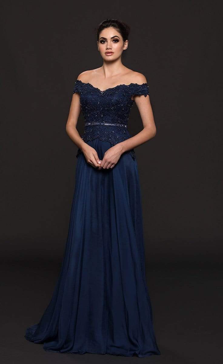 Marsoni by Colors - M213 Embellished Off-Shoulder A-line Dress Mother of the Bride Dresses 6 / Navy