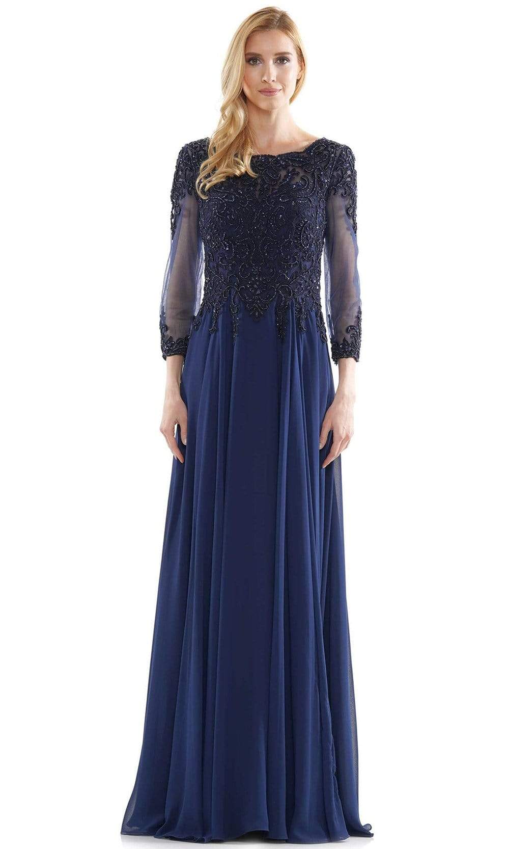 Marsoni by Colors - M217 Quarter Sleeve Embroidered Illusion Gown Mother of the Bride Dresses 4 / Navy