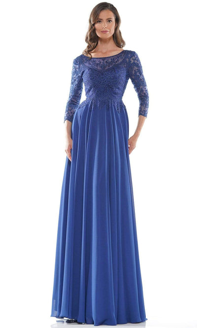 Marsoni by Colors - M238SL Embroidered Bodice Chiffon A-Line Gown Mother of the Bride Dresses 4 / Indigo Blue