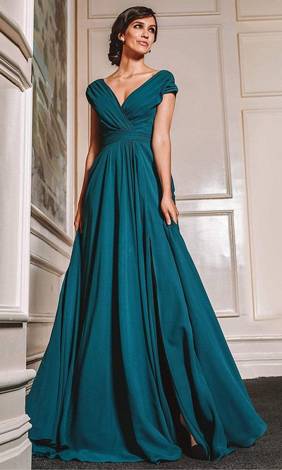 Marsoni By Colors - M251 Gathered V Neck Off Shoulder A-Line Gown Mother of the Bride Dresses