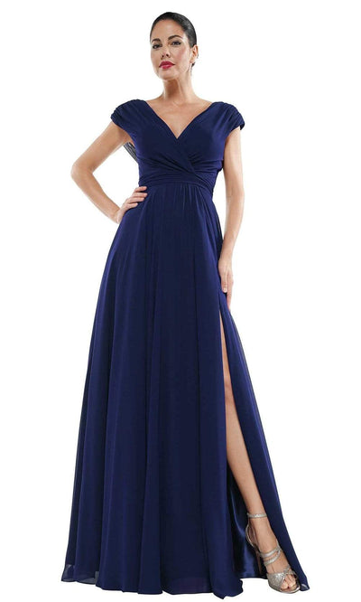 Marsoni By Colors - M251 Gathered V Neck Off Shoulder A-Line Gown Mother of the Bride Dresses 4 / Navy