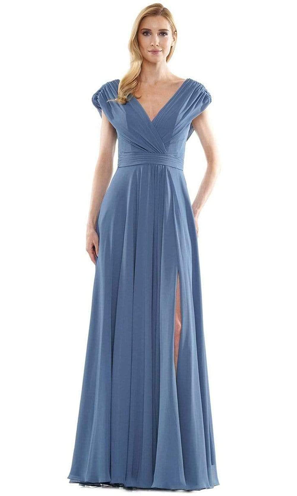 Marsoni By Colors - M251 Gathered V Neck Off Shoulder A-Line Gown Mother of the Bride Dresses 4 / Slate Blue