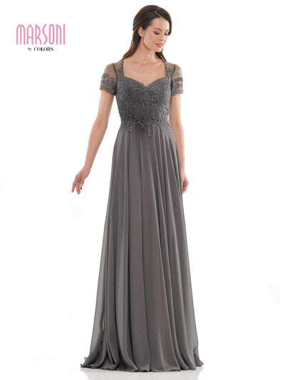Marsoni by Colors - M271 Short Sleeve Queen Anne Soutache Gown Mother of the Bride Dresses 4 / Charcoal