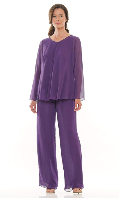 Marsoni by Colors - M304 Long Sleeves Jacket Pantsuit Mother of the Bride Dresses 6 / Eggplant