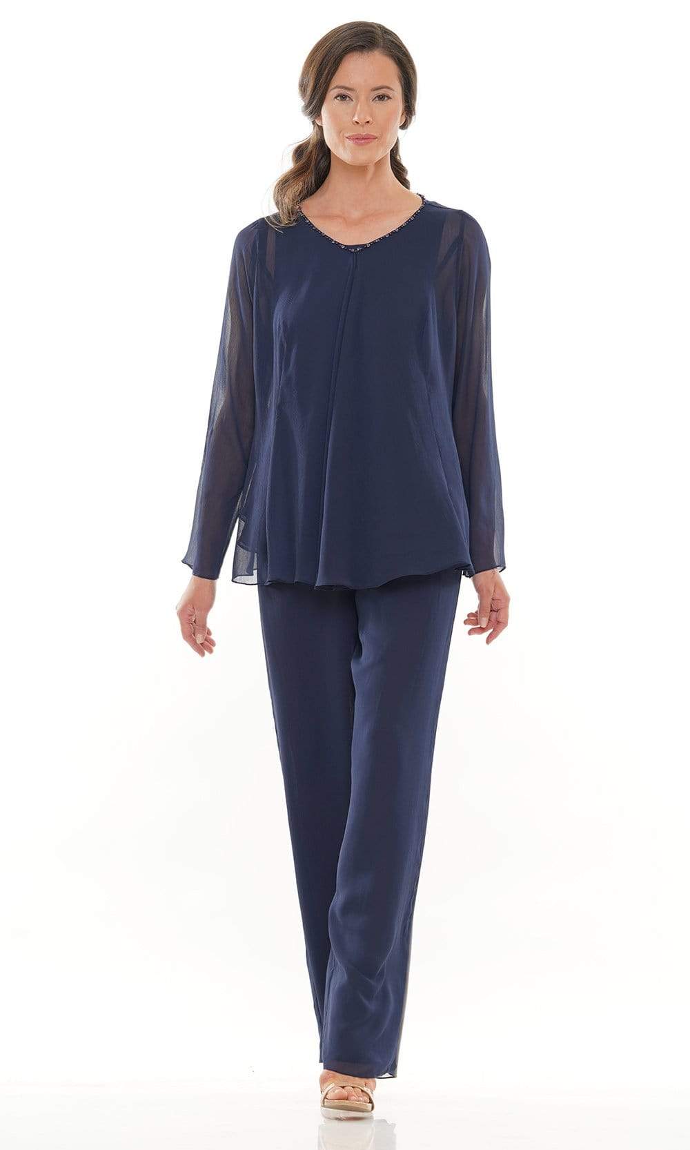 Marsoni by Colors - M304 Long Sleeves Jacket Pantsuit Mother of the Bride Dresses 6 / Navy