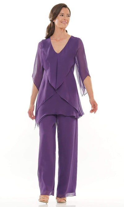 Marsoni by Colors - M308 V-Neck Half Sleeves Pantsuit Mother of the Bride Dresses 6 / Eggplant