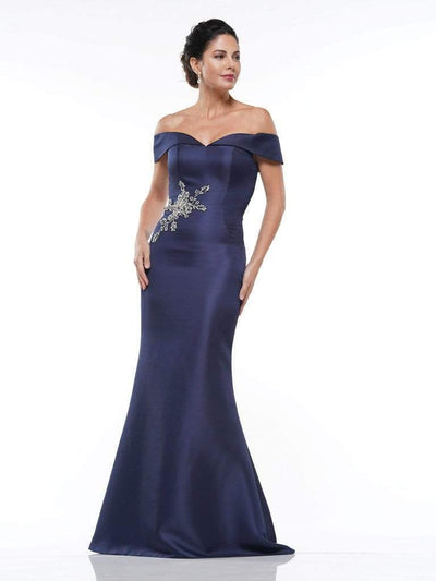 Marsoni By Colors - MV1003 Off Shoulder Jewel Accented Mermaid Gown Mother of the Bride Dresses 4 / Navy