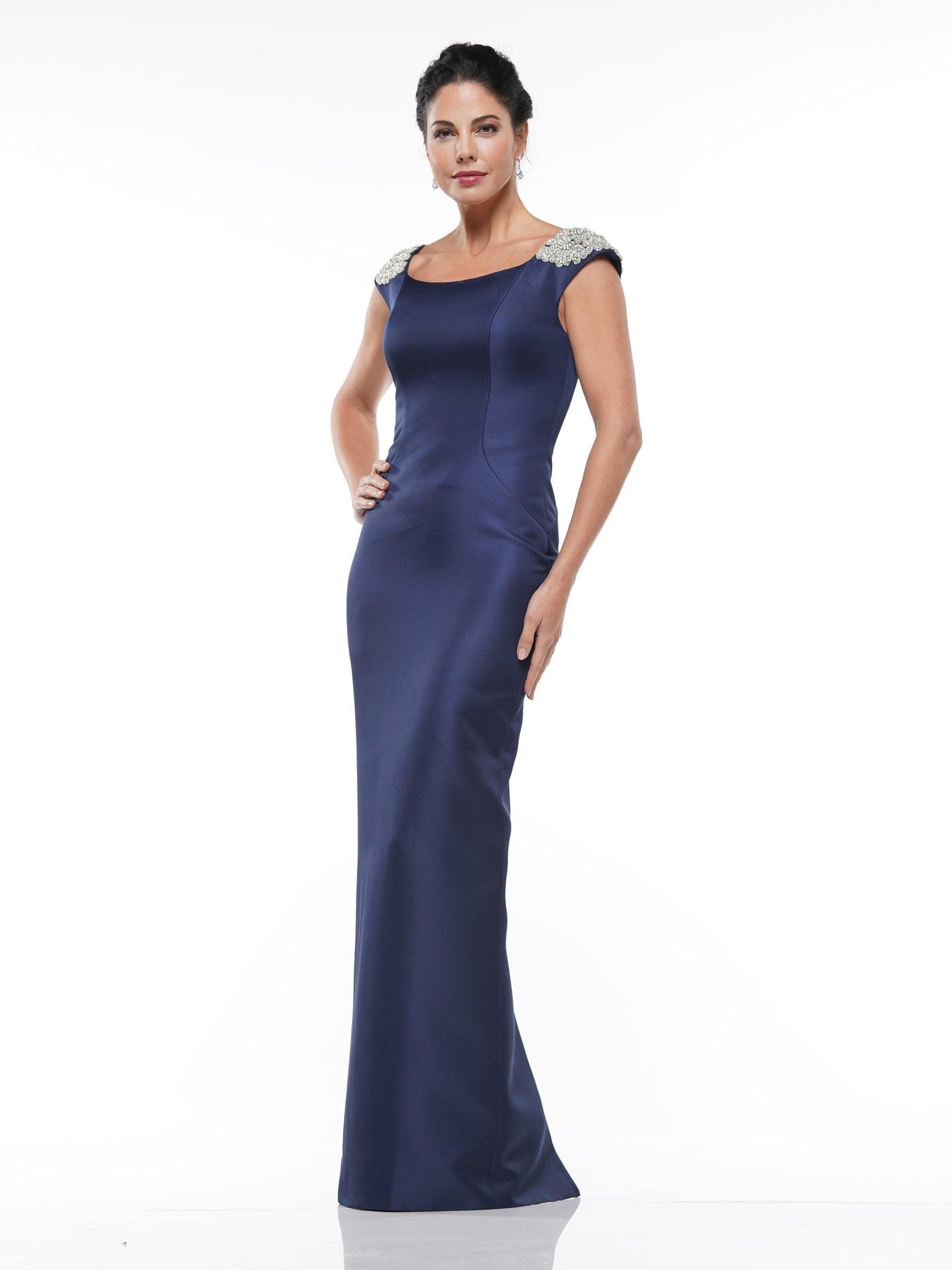 Marsoni By Colors - MV1004 Jewel Beaded Shoulders Satin Column Gown Mother of the Bride Dresses 4 / Navy