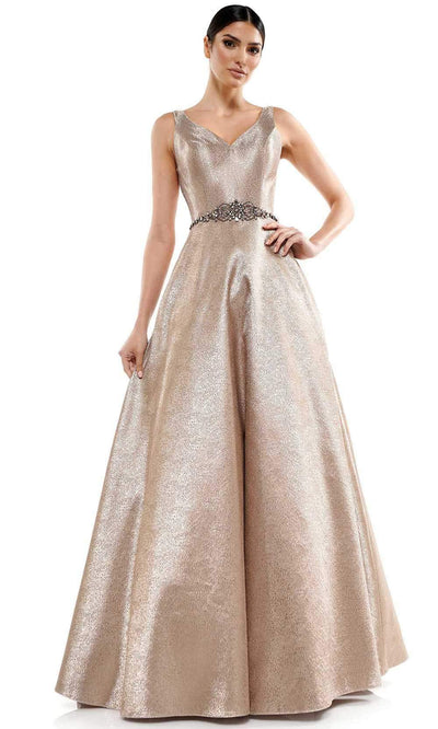 Marsoni by Colors - MV1033 Sleeveless V-Neck Beaded Waist Brocade Gown Mother of the Bride Dresses 4 / Light Gold
